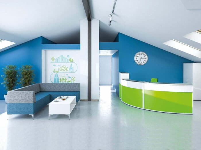Receptiv Reception Desk in white with lime green modesty panel