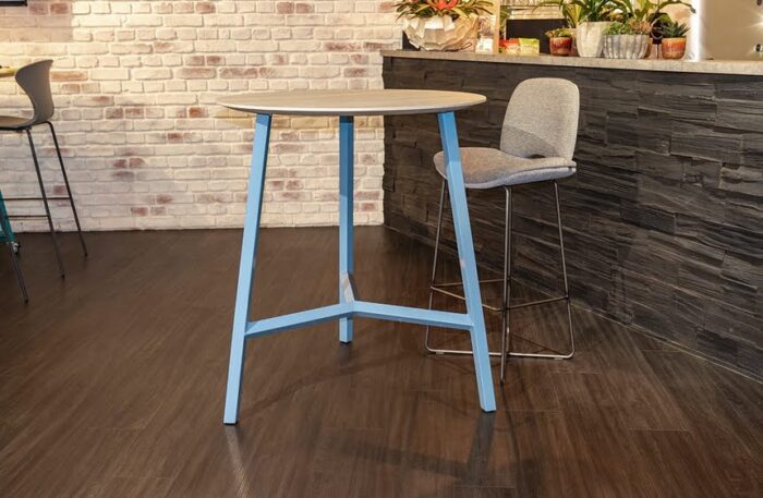 Relic Breakout Table circular 3 leg poseur table with blue legs and wood effect cutline top
