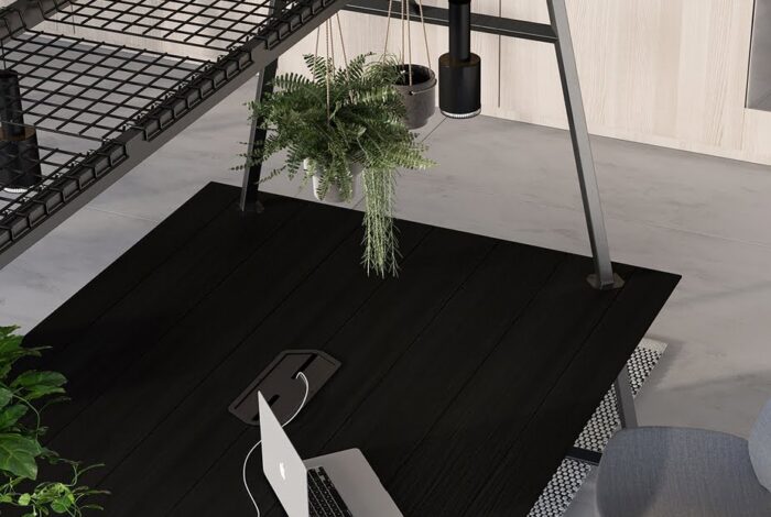 Relic Cloud Collaboration Table aerial view of worktop and metal rack with hanging plant