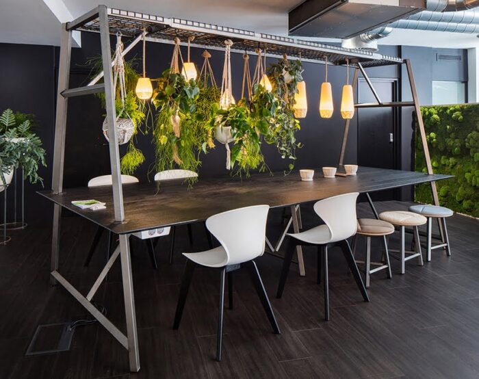 Relic Cloud Collaboration Table with a black table top, steel frame and hanging plants and lighting