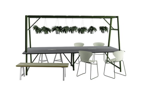 Relic Cloud Collaboration Table with black worktop, green frame, hanging planters shown with four chairs and a bench seat