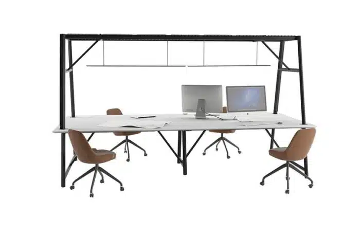 Relic Cloud Collaboration Table with white worktop and black frame, shown with four task chairs