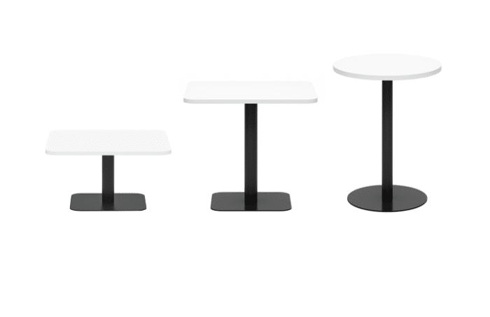 Retro Breakout Tables square coffee table, square diner height table and round poseur height table shown with white tops and black bases