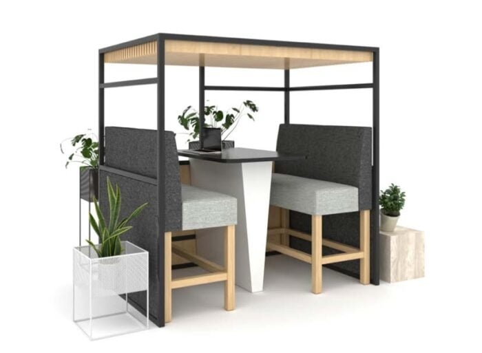 Rift Booth four seater booth with face to face high stool seating and table, shown with optional timber ceiling and lower side panels