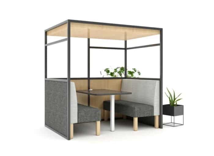 Rift Booth four seater booth with face to face seating and table, shown with optional timber ceiling and lower side panels