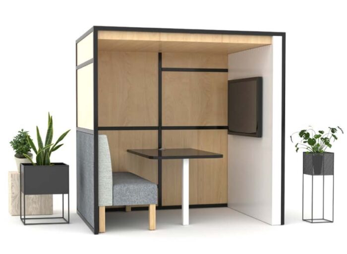 Rift Booth two seater booth with seating, table and media wall, shown with optional timber ceiling and full back and side panels