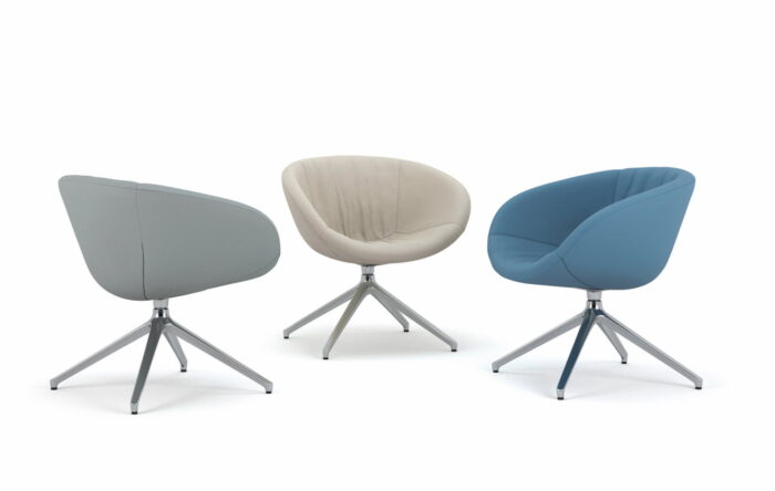 Ripple Tub Chair three low back chairs with upholstered seats and polished aluminium 4 star swivel bases