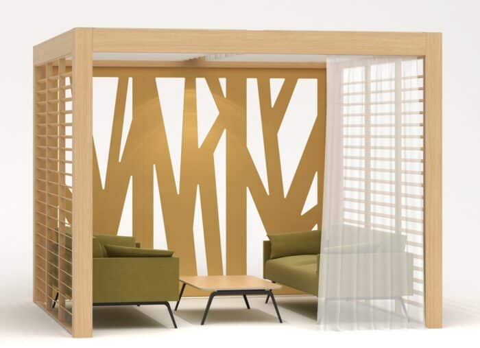 Rooms Collaboration Space shown with one woodland wall, two venetian trellis walls and one sheer curtain wall