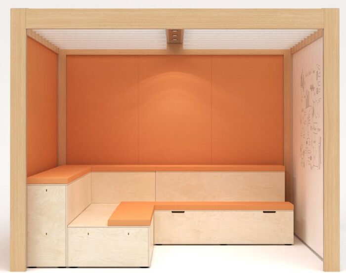 Rooms Collaboration Space shown with tiered seating and upholstered walls