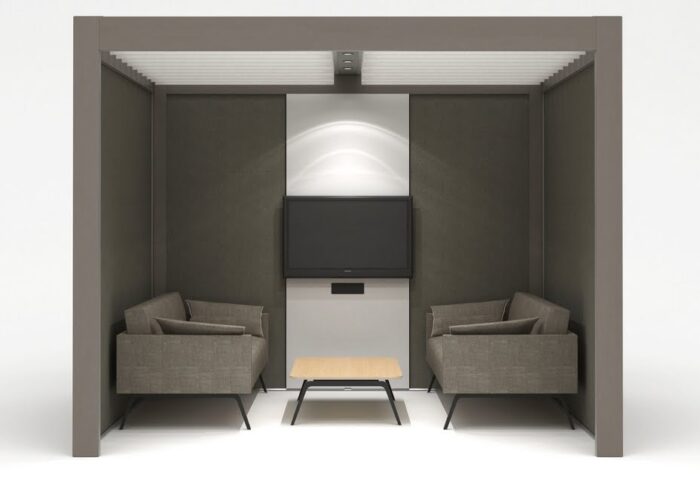 Rooms Collaboration Space shown with upholstered walls and soft seating units