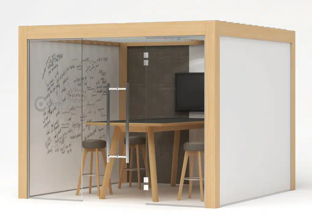 Rooms Collaboration Space with two whiteboard walls, one upholstered wall with a media panel and one glass door wall, shown with a high meeting table and stools
