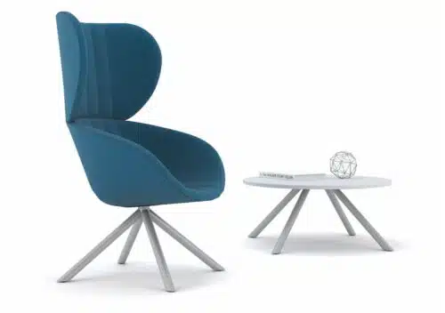 Runna Seating high back chair shown with coffee table, both with satin silver frames