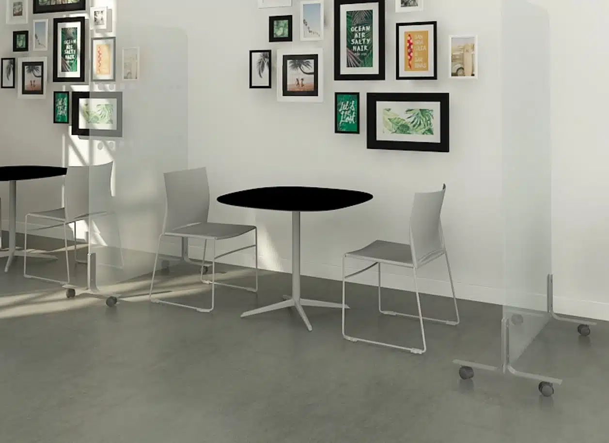 Safeguard Mobile Screens - frameless glass screens on castors shown used as dividers in a dining area