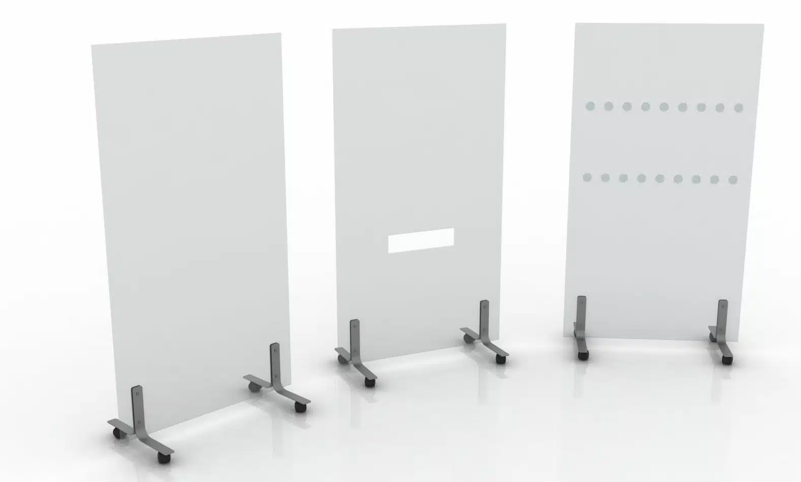 Safeguard Mobile Screens - three frameless acrylic screens with castors in a row