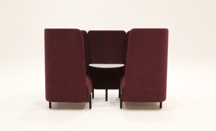 Sail Sofa And Booth 2-person booth with a white semi circular table and maroon upholstery