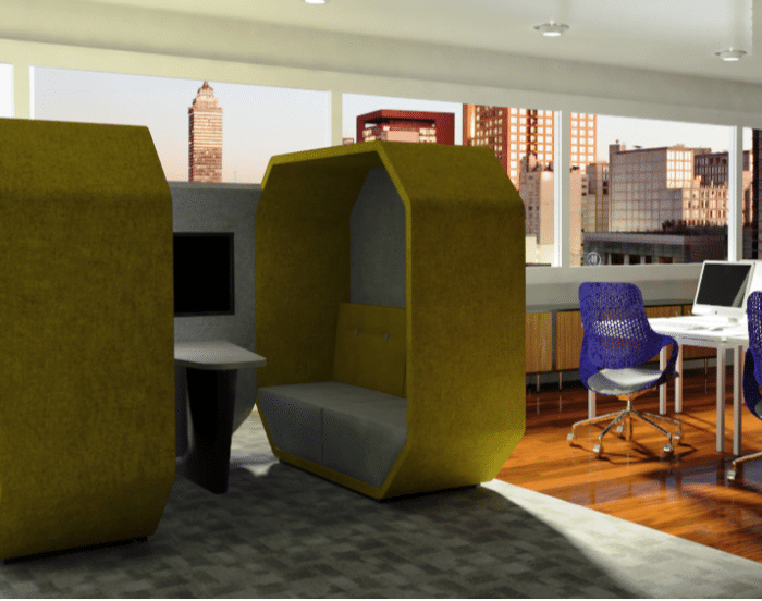 Sanctuary Booth 4 seat booth with table and optional power shown in an office space SAN03B