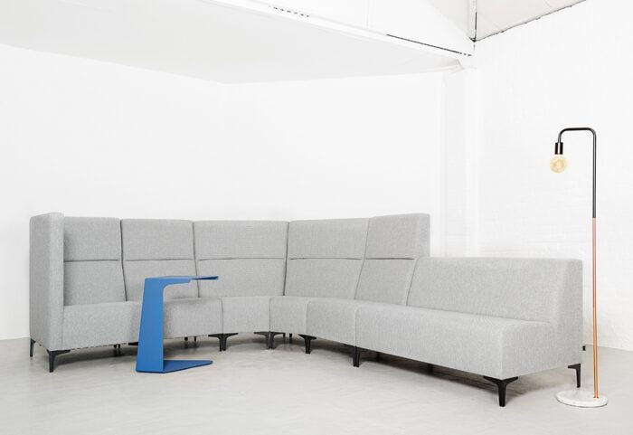 Huddle Modular High Back Seating a curved 5 seater configuration with a low back double seater unit at the end