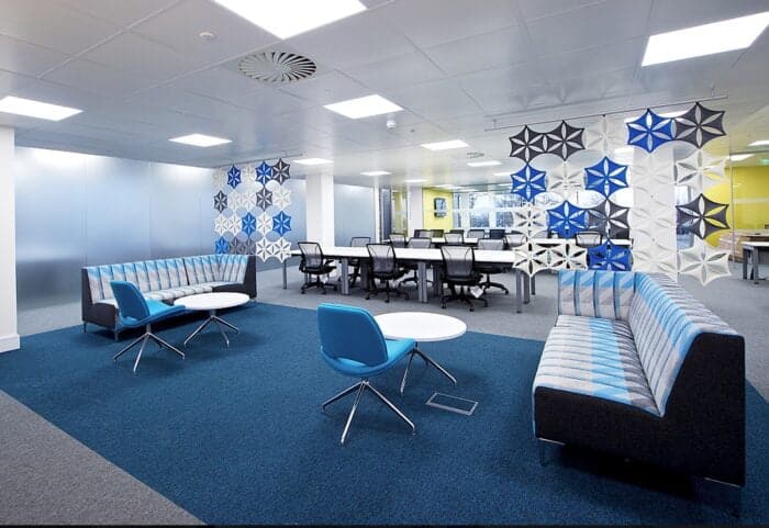 Huddle Modular Low Back Seating two straight unit configurations with a left end and a right end unit shown with bench desking and low tables in an open plan office