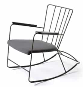 The Rocker Rocking Chair shown with frame and wood armrests in black with a grey upholstered seat pad ERROC