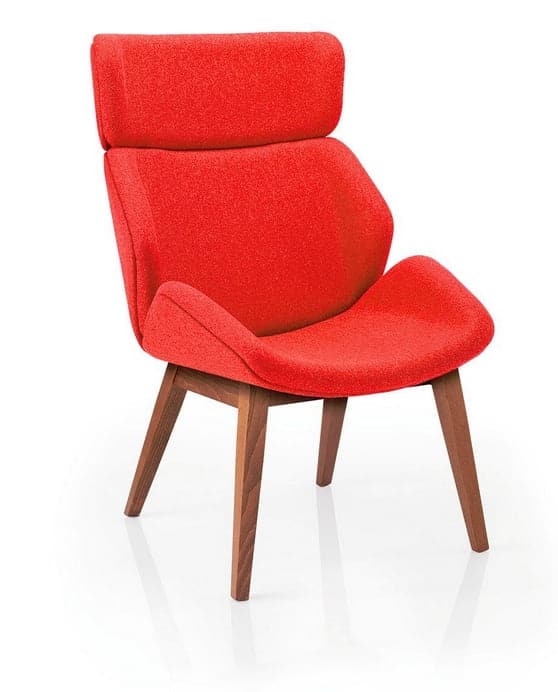 Serenity Plus Chair with headrest and a wooden 4 leg frame shown in walnut finish and red upholstery