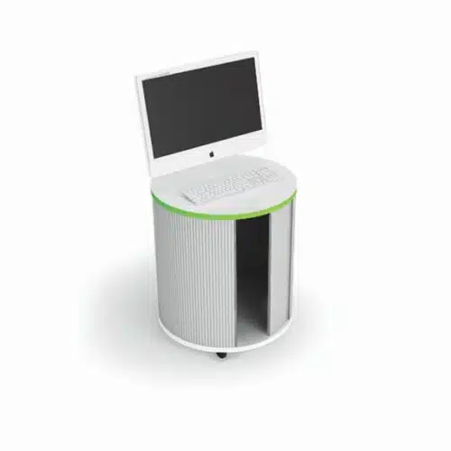 Sigma Computer Station SIG001 with sliding door storage 800mm diameter shown with a monitor and keyboard on unit top