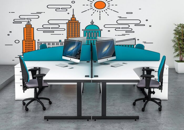 Sirius Desks And Workstations 4 person configuration in white and black wiht 3 drawer pedestals and turquoise desk screens
