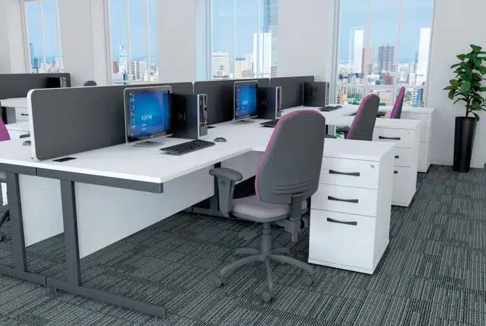 Sirius Desks And Workstations back to back VDU straight desk configuration for 6 people in white with black trim VDU16X