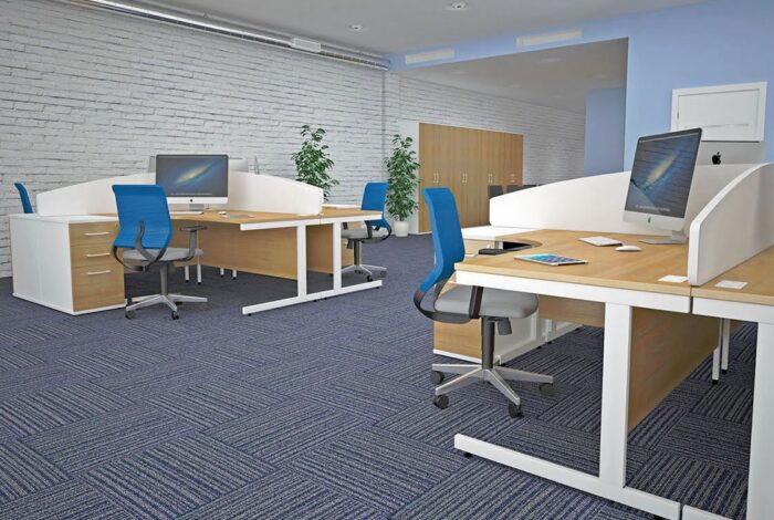 Sirius Desks And Workstations two 4 person configurations wood effect and white with two tone 3 drawer under desk pedestals