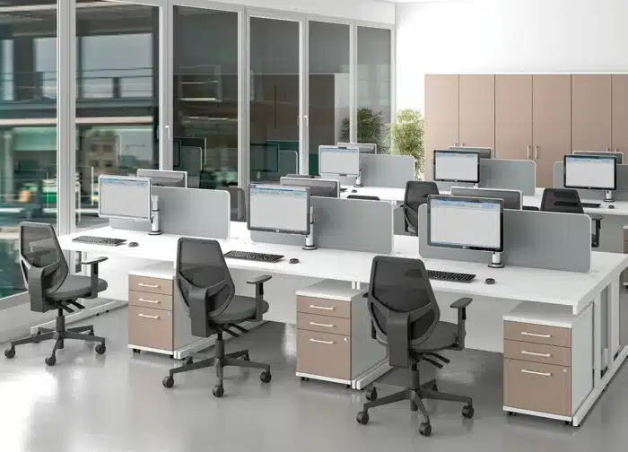 Sirius Desks And Workstations two rows of 6 person straight configuration in white with 3 drawer under desk pedestals