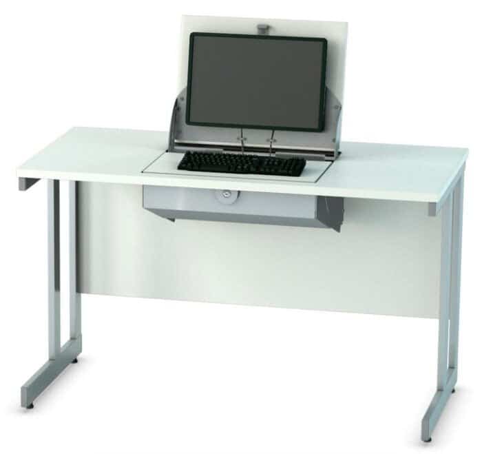 SmartTop Desk in white board finish and silver frame with a centrally positioned lift up flap