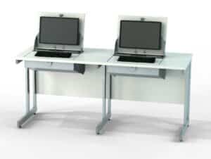SmartTop Desk - 1600mm wide double desk side by side in white board finish and silver frame with lift up flap placed on the left or right hand side of desks SMRE16DBL or SMRE16DBR
