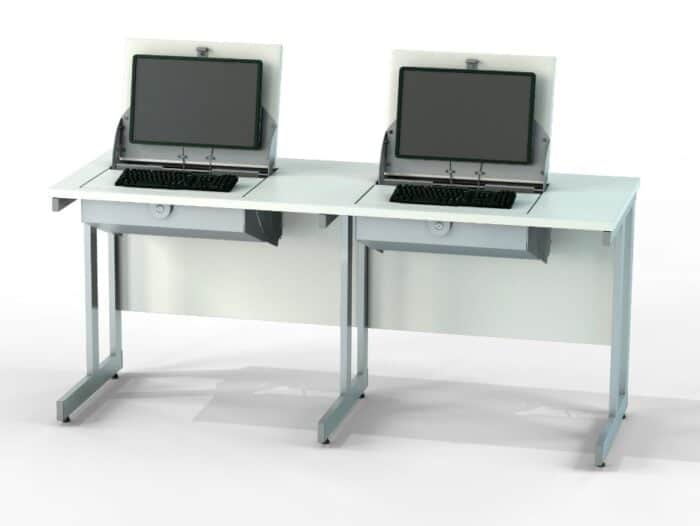 SmartTop Desk - 1600mm double desk in white board finish and silver frame with lift up flap placed on the left hand side of desks