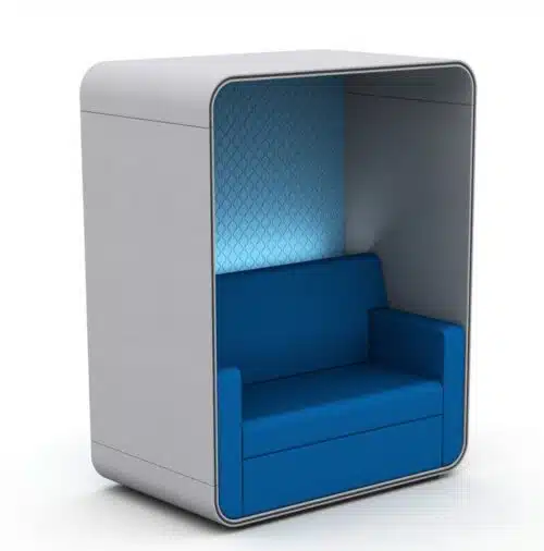 Snug Booth Seating module with canopy upholstered in blue and grey fabric TC181485