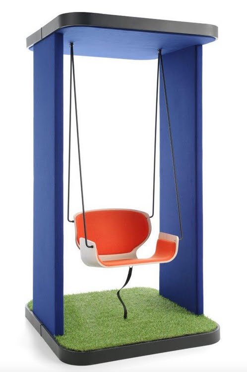 Social Swing single seat base shown with a suspended chair, synthetic grass floor and upholstered walls