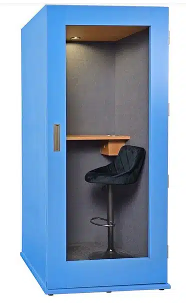 Soho Phone Booth shown in blue finish and and an optional stool SOHO