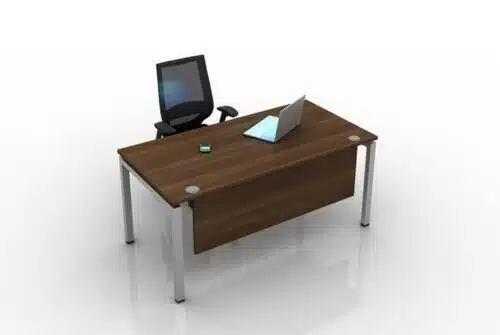 Soho2 Desks And Workstations rectangular desk in walnut effect finish with modesty panel, port holes and silver legs