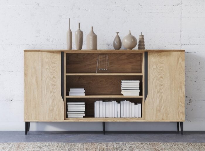 Solini Credenza high unit with two doors and wide central open front shelving shown with wooden feet