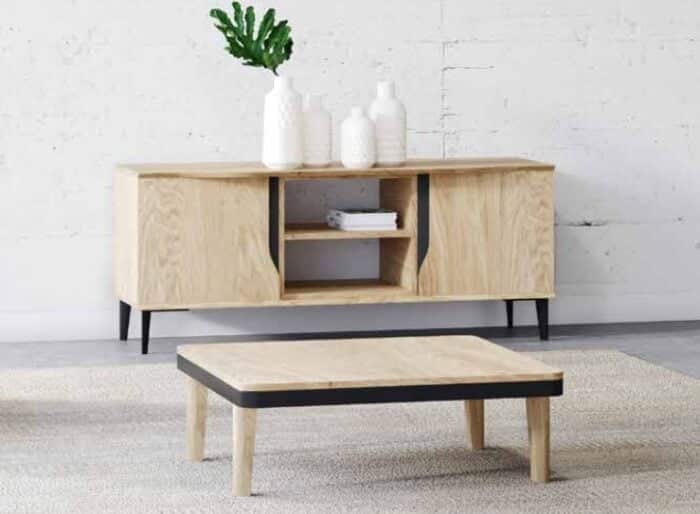 Solini Credenza low unit with two doors and central open front shelving shown with wooden feet and a coffee table