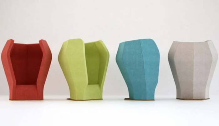 Sound Station Chairs in a row of four showing different upholstery colours