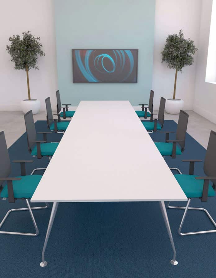Spire Tables, 5600 x1400mm, shown with a white top shown in a meeting room