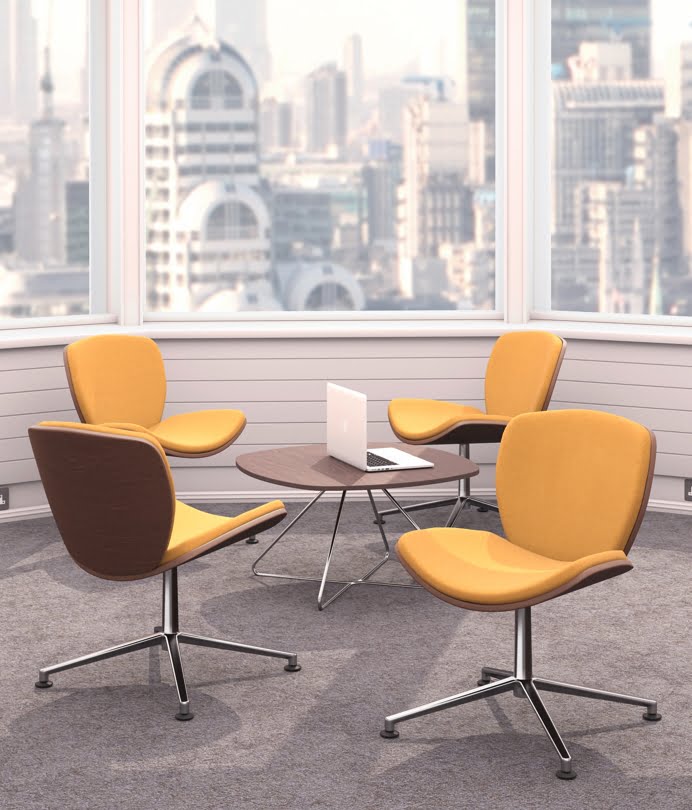 Spirit Lite Chair 4 fully upholstered chairs with a polished aluminium swivel 4 star base and glides shown with a coffee table in a breakout space