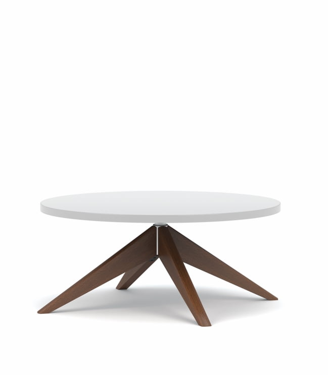 Spirit Lounge Chair circular coffee table with a white MFC top and raised wooden 4 leg base, shown with walnut finish