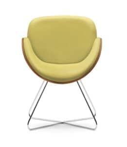 Spirit Show Wood Chair armchair with upholstered inner shell, walnut wood outer shell, and chrome wire frame ST5C
