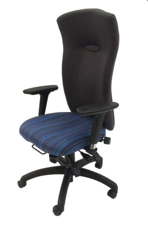 Spynamics SD12 Chair with FA adjustable arms and a black 5 star base on castors, two-tone upholstery