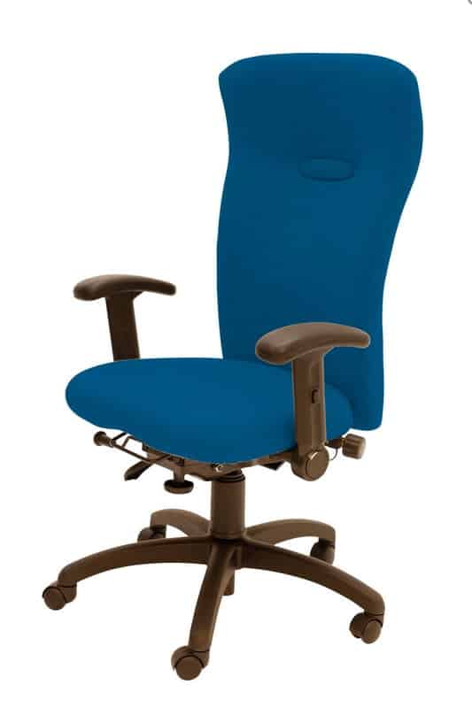 Spynamics SD12 Chair with FA adjustable arms and a brown 5 star base on castors, blue upholstery