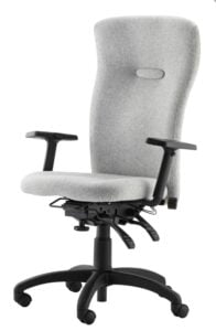 Spynamics SD12 Chair with adjustable arms and a black 5 star base on castors, grey upholstery
