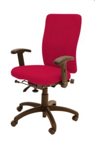 Spynamics SD13 Chair with FA adjustable arms, brown 5 star base on castors and red upholstery