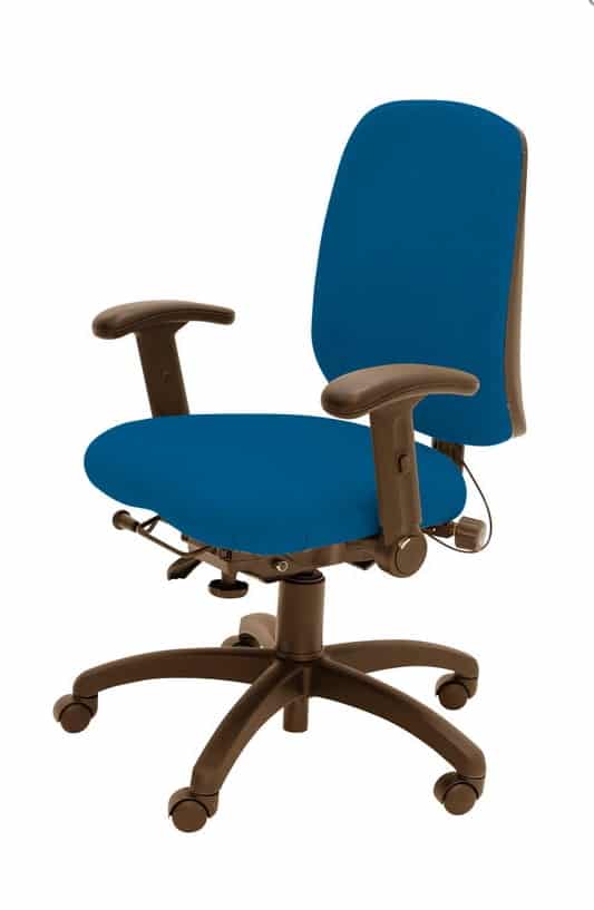 Spynamics SD14 Chair with FA adjustable arms, brown 5 star base on casors and blue upholstery
