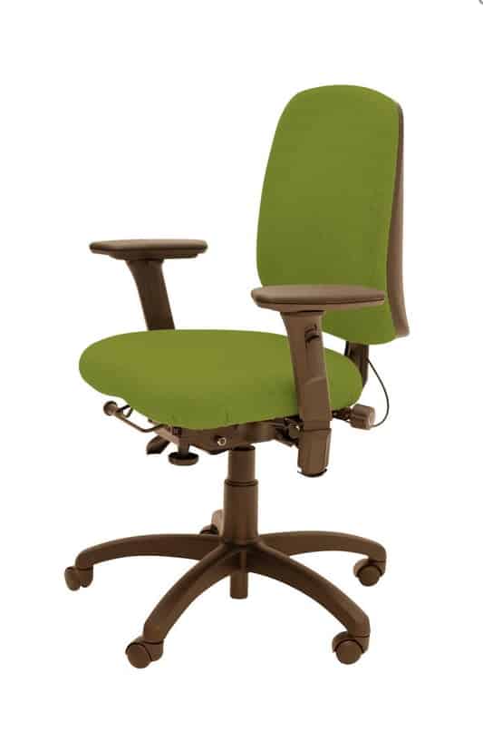 Spynamics SD14 Chair with FA6 adjustable arms, brown 5 star base on casors and green upholstery