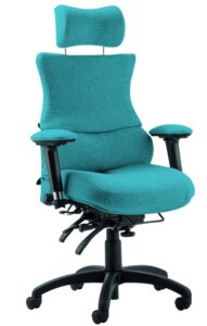 Spynamics SD3 Chair with a headrest, teal upholsteru and a black 5 star base on castors